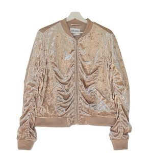 GUESS Velour Ruched Bomber Jacket Womens M Beige Full Zip Collared Y2K Soft Glam